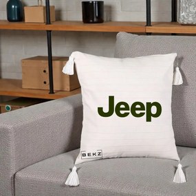 Perna Personalizata cu emblema Jeep, 40x40 cm, Bej cu Franjuri, Husa Detasabila, Perna Inclusa, BEKZ®