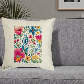 Perna Decorativa Gradina Florala Acuarela Colorata, 40x40 cm, Ecru, Husa Detasabila, Perna Inclusa, BEKZ®