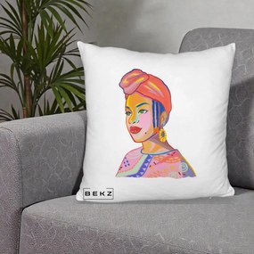 Perna Decorativa Portret Femeie Africana, 40x40 cm, Alb Pufos, Husa Detasabila, Perna Inclusa, BEKZ®