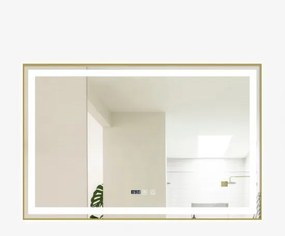 Oglindă Baie LED și Dezaburire Elit's Premium cu Senzor Touch, Lumina Rece, Caldă și Neutră, 100x65cm, cu rama Bronz Antichizat, Ceas