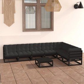 3076803 vidaXL Set mobilier grădină cu perne, 8 piese, negru, lemn masiv pin