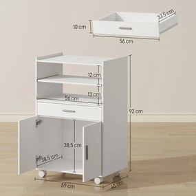 HOMCOM Dulap pentru Cuptorul cu Microunde cu Roți, Bufet de Bucătărie cu Sertar, Blat pentru Electrocasnice, Dulap cu 2 Uși, Raft Glisant și Raft Deschis, Cărucior de Bucătărie pentru Sufragerie, 59x40x92cm, Alb | Aosom Romania
