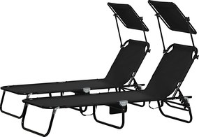 Outsunny Set de 2 șezlonguri pliabile cu copertină, spătar reglabil în 5 trepte, Negru | Aosom Romania