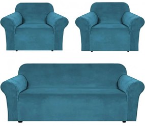 Set huse elastice din catifea pentru canapea 3 locuri + 2 fotolii, cu brate, turquoise, HCCJS-05