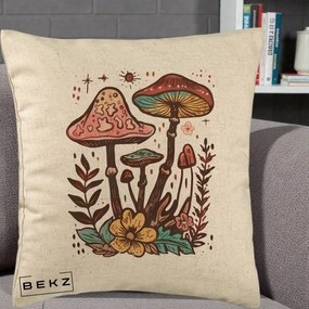 Perna Decorativa Ciuperci Boho Multicolore, 40x40 cm, Bej, Husa Detasabila, Perna Inclusa, BEKZ®