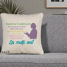 Cadou pentru Invatatoare - Perna Personalizata Doamna Invatatore La Multi Ani cu Silueta si Text Colorat, 40x40 cm, Bej Canapea, Husa Detasabila, Perna Inclusa, BEKZ®