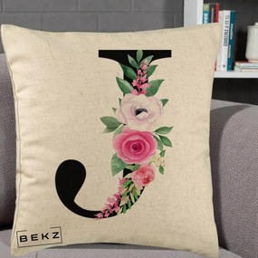 Cadou Personalizat - Perna Personalizata Monograma Florala Litera J, 40x40 cm, Bej, Husa Detasabila, Perna Inclusa, BEKZ®
