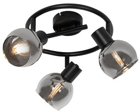 Plafonieră Art Deco neagră cu sticlă fumurie cu 3 lumini rotundă - Vidro