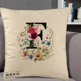 Cadou Personalizat - Perna Personalizata Monogram Litera F cu Flori Acuarela, 40x40 cm, Bej, Husa Detasabila, Perna Inclusa, BEKZ®