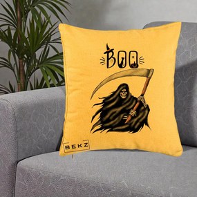 Perna Decorativa Halloween Boo Grim Reaper cu Coasa, 40x40 cm, Galben, Husa Detasabila, Perna Inclusa, BEKZ®
