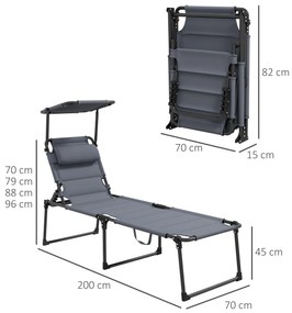 Outsunny Sezlong pentru exterior, Sezlong pliabil reglabil cu spatar cu 4 pozitii, parasolar, tetiera, cu cadru metalic