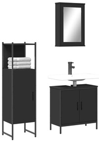 vidaXL Set mobilier de baie, 3 piese, negru, lemn compozit