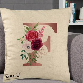 Cadou Personalizat - Perna Personalizata Monograma Rose Gold Litera F, 40x40 cm, Bej, Husa Detasabila, Perna Inclusa, BEKZ®