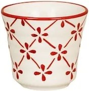 Cană din ceramică artizanală, natur, cu motive florale pictate manual în roșu și bordură decorativă, fără mâner, 7,3 × 6,5 cm, „Marion Clover"