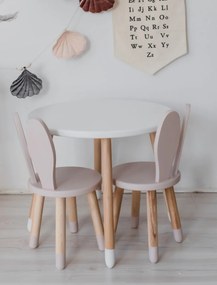 Set masuta rotunda alba si 2 scaunele iepuras roz
