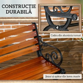 Outsunny Bancă de Exterior cu Cadru din Aluminiu, Scaun cu Două Locuri cu Cotieră Curbată, Șezut și Spătar din Lemn, 120x64x79 cm, Tec | Aosom Romania