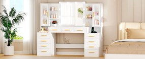 Set Masa toaleta alba 160 cm, cu Priza si USB, cosmetica, machiaj, oglinda cu LED, masuta vanity cu Blat de Sticla, make-up - SEA437