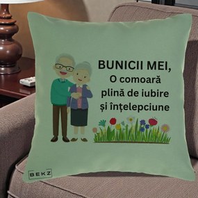 Cadou pentru Bunici - Perna Personalizata Bunicii Mei Comoara Cuplu Senior cu Flori Colorat, 40x40 cm, Verde, Husa Detasabila, Perna Inclusa, BEKZ®