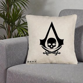 Perna Personalizata Assassin's Creed Black Flag Skull, 40x40 cm, Bej Canapea, Husa Detasabila, Perna Inclusa, BEKZ®