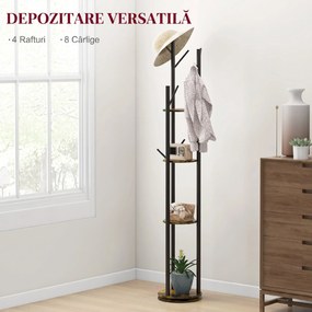 HOMCOM Suport Haine, Rotativ, cu 4 Rafturi și 8 Cârlige, stander haine pentru Hol, Dormitor, Living, 30x30x175 cm, Maro Rustic | Aosom Romania