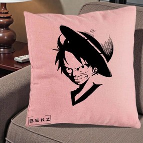 Perna Personalizata One Piece Luffy Silueta Alb-Negru, 40x40 cm, Roz, Husa Detasabila, Perna Inclusa, BEKZ®