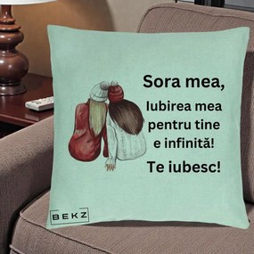 Cadou pentru Sora - Perna Personalizata Sora Mea Te Iubesc Doua Fete Iarna Acuarela, 40x40 cm, Verde Menta, Husa Detasabila, Perna Inclusa, BEKZ®