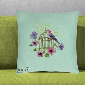 Perna Decorativa Pasare Roz pe Colivie Aurie cu Flori, 40x40 cm, Verde Menta, Husa Detasabila, Perna Inclusa, BEKZ®