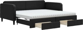 vidaXL Pat de zi cu extensie și sertare, negru, 100x200 cm, textil
