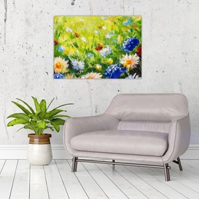 Tablou pe sticlă - Pictură în ulei, pajiște înflorită (70x50 cm)