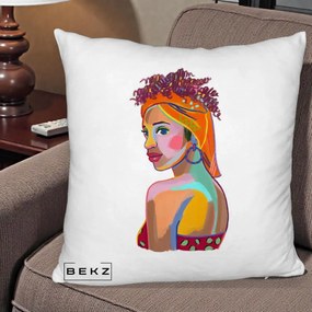 Perna Decorativa Portret Femeie Colorat Pop Art, 40x40 cm, Alb Pufos, Husa Detasabila, Perna Inclusa, BEKZ®