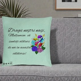 Cadou pentru Nasi - Perna Personalizata Dragii Nostri Nasi Multumim cu Flori Multicolore, 40x40 cm, Verde Menta, Husa Detasabila, Perna Inclusa, BEKZ®