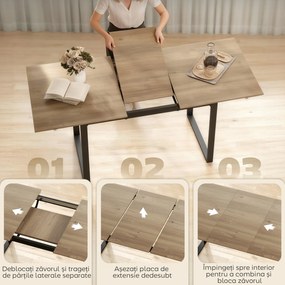 HOMCOM Masă de Luat Masa Extensibilă pentru 6-8 Persoane cu Panouri Detașabile, 140-180cm Masă Rectangulară Extensibilă cu Bază din Oțel, Stil Industrial, pentru Sufragerie, Culoare Lemn | Aosom Romania