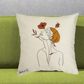 Perna Decorativa Portret Feminin Mac Privire Inalta, 40x40 cm, Ecru, Husa Detasabila, Perna Inclusa, BEKZ®