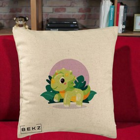 Perna Decorativa Triceratops Kawaii Verde, 40x40 cm, Bej, Husa Detasabila, Perna Inclusa, BEKZ®