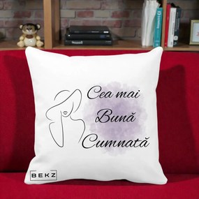 Cadou pentru Cumnata - Perna Personalizata Cea mai Buna Cumnata cu Silueta Dama si Pete Violet, 40x40 cm, Alba Mata, Husa Detasabila, Perna Inclusa, BEKZ®