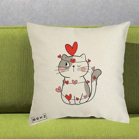 Perna Decorativa Pisica Kawaii cu Inimi, 40x40 cm, Ecru, Husa Detasabila, Perna Inclusa, BEKZ®