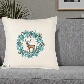 Perna Decorativa Coroana Turcoaz cu Ren, 40x40 cm, Crem Reliefat, Husa Detasabila, Perna Inclusa, BEKZ®