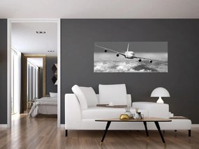 Tablou - Avion în nori, alb și negru (120x50 cm)