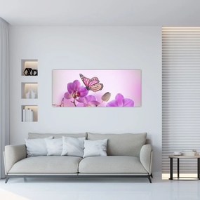 Tablou - Fluture pe flori de orhidee, liliac (120x50 cm)