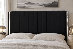 Pat tapițat din catifea Aurelia 200×200 cm, negru, detalii argintii, cu ladă de depozitare