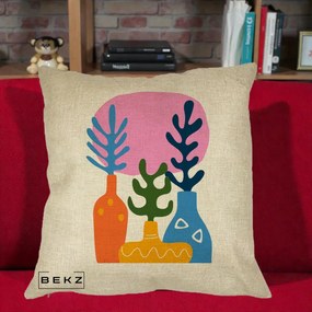 Perna Decorativa Vaze Botanice Abstract, 40x40 cm, Crem, Husa Detasabila, Perna Inclusa, BEKZ®