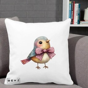 Perna Decorativa Pasare Bleu cu Fundita Roz, 40x40 cm, Alba Mata, Husa Detasabila, Perna Inclusa, BEKZ®