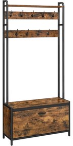 Raft cu depozitare pantofi, perete hol cu bănci, 85x30x180cm, maro rustic și negru