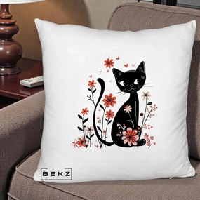 Perna Decorativa Pisica Neagra Flori Roz si Inimi, 40x40 cm, Alb Pufos, Husa Detasabila, Perna Inclusa, BEKZ®