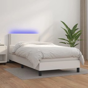 3134136 vidaXL Pat cu arcuri, saltea și LED, alb, 90x190 cm, piele ecologică