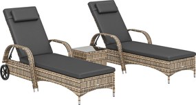 Outsunny Set de 2 șezlonguri : saltea, tetieră, înclinare reglabilă, roți + măsuță de cafea cu sticlă securizată gri închis | Aosom Romania