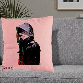 Perna Personalizata Tokyo Ghoul Ken Kaneki cu Masca si Gluga, 40x40 cm, Roz, Husa Detasabila, Perna Inclusa, BEKZ®