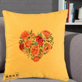 Perna Decorativa Inima din Bujori Acuarela, 40x40 cm, Galben, Husa Detasabila, Perna Inclusa, BEKZ®