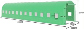 FOLIE solar de grădină, 4x12 m, 48 m², PE armată, rezistentă 180g/m2, cu filtru UV, impermeabila, ferestre rulante, Verde, GH412C,
