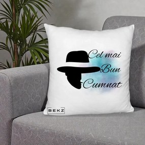 Cadou pentru Cumnat - Perna Personalizata Cel mai Bun Cumnat cu Silueta Palarie si Pete Teal-Roz, 40x40 cm, Alb Pufos, Husa Detasabila, Perna Inclusa, BEKZ®